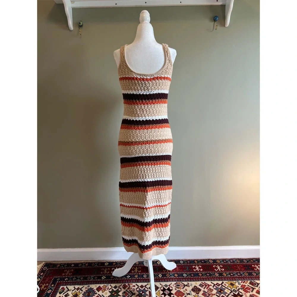 Paper Heart Crochet‎ Knit Striped Maxi Dress Tan Orange Brown Boho Sleeveless M